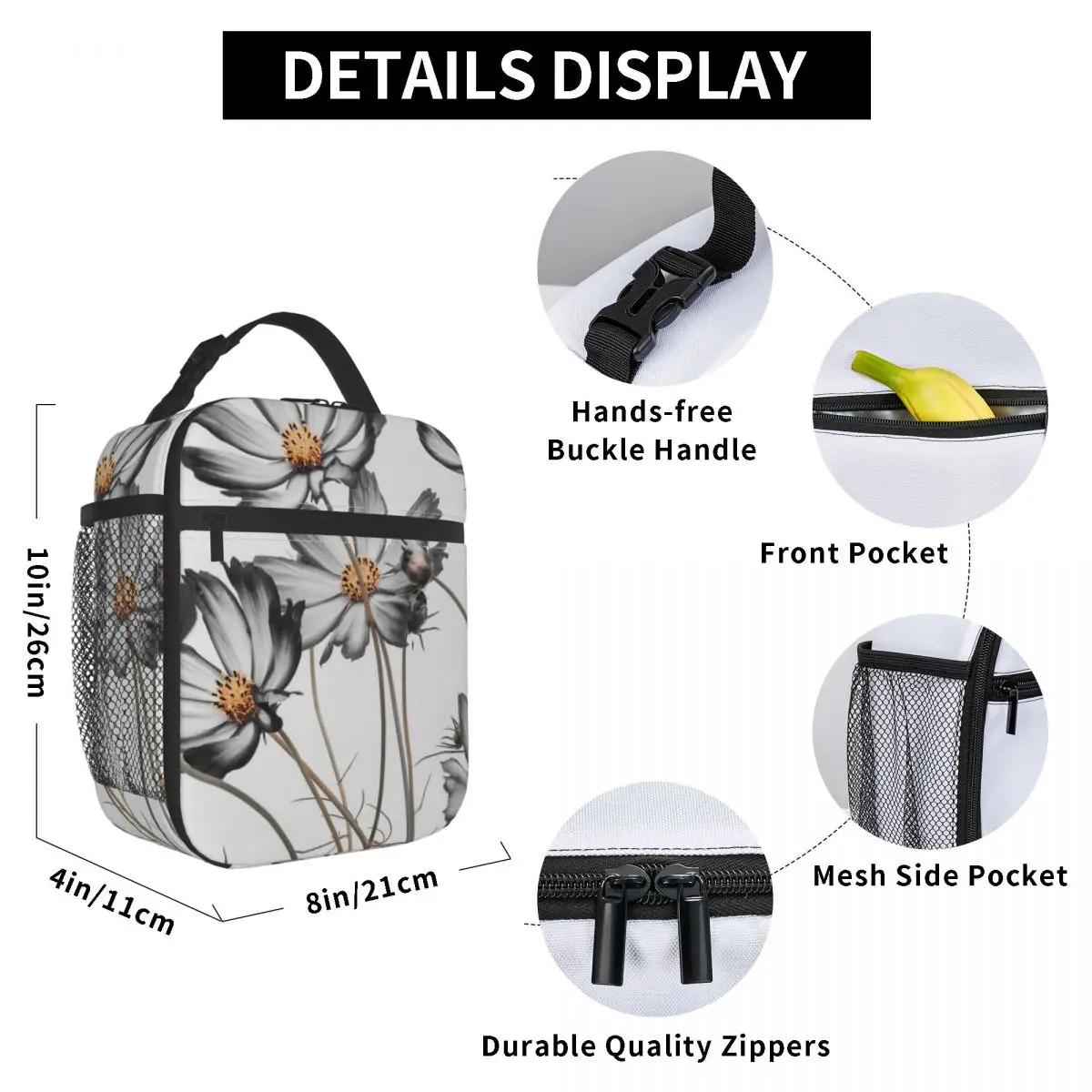 

Black White Petals Lunch Bag for Women Men Large Insulated Lunch Box with Water Bottle Holder and Pockets