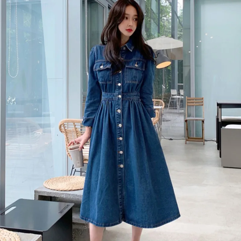 

Spring Autumn 2021 New Fashion Vintage Denim Lapel Collar Single-Breasted High Elastic Waist Casual Long Dress Female Vestidos