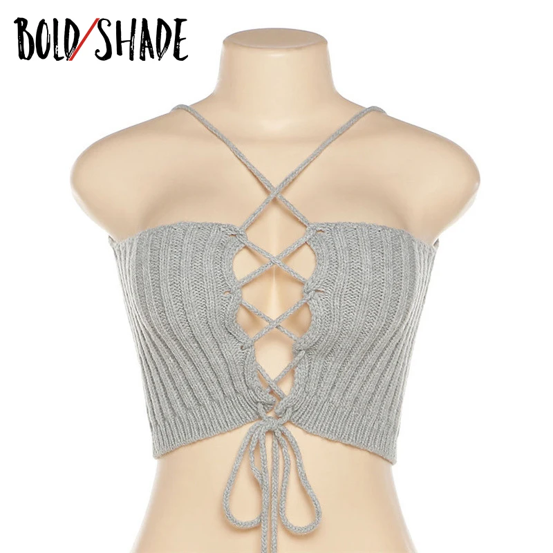 

Bold Shade Urban Style Knit Halter Tank Tops Criss Cross Bandage Sexy Hollow Out Ribbed Solid Camisole Indie Vintage Partywear