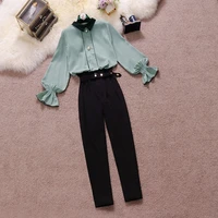 amolapha women autumn winter ol style clothes sets stand collar single breasted slim blousehigh waist trousers with sashes