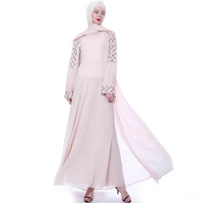 latest Dubai long-sleeved dress Muslim party Abaya ladies Arabian lace cardigan patchwork Turkish Islamic prayer gown robe