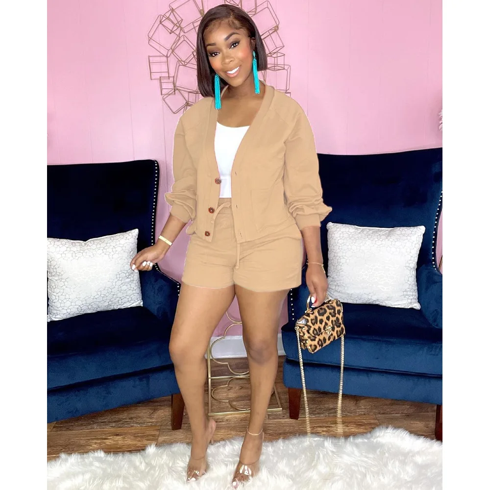 

2021 New Arrival Fashion Design Two-piece suit Women Set Solid Buttons Cardigan Tops and Shorts Autumn Office Lady Outfits