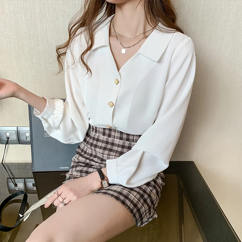 

Long-sleeved White Shirt Female Design Sense Niche 2021 Spring And Autumn New Chiffon Super Fairy V-neck Top Wn*