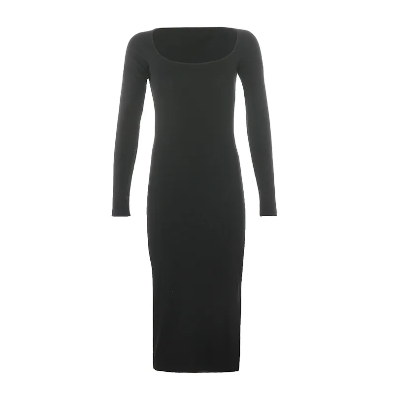 

Kpop Korean Celebrity Streetwear New Slim Full Sleeve Black Waist Dress Women Nightclub Sexy Split Square Collar Long Dresses