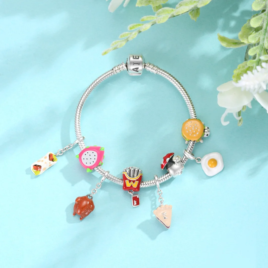 

Creative food series Beaded pendant S925 silver beads Charm Bracelet DIY accessories silver loose beads