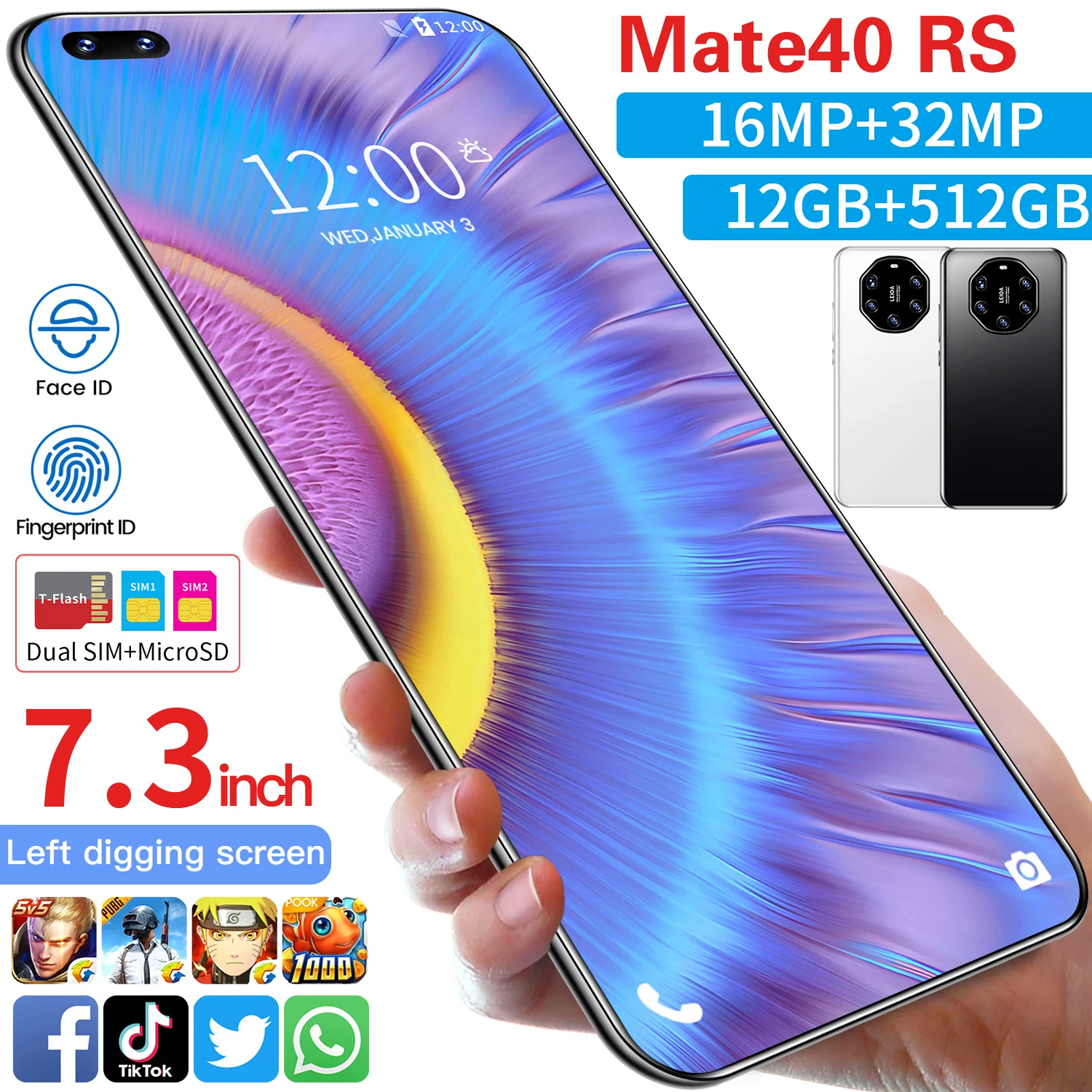 

New Phone Mate40 RS 7.3inch 1440*3200 12GB+512GB Dual Sim+MicroSD 6800mAh Android 10 Face Finger ID 4G Smartphone