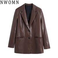 nwomn za 2021 brown blazer women faux leather blazer woman fashion fall long sleeve loose female office casual button jacket
