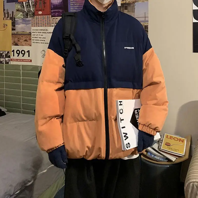 

Мужская зимняя контрастная хлопковая куртка для мужчин преппи хип-хоп корейский тренд Свободная куртка для хлеба Мужская Женская универса...