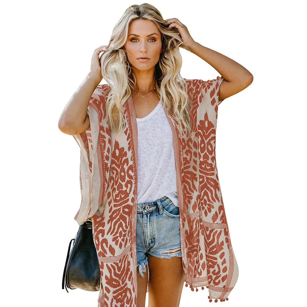 

2020 Bali Seaside Holiday Cardigan Short Sleeve Printed Pompon Kimono Blouse Mid-Length Coat for Women