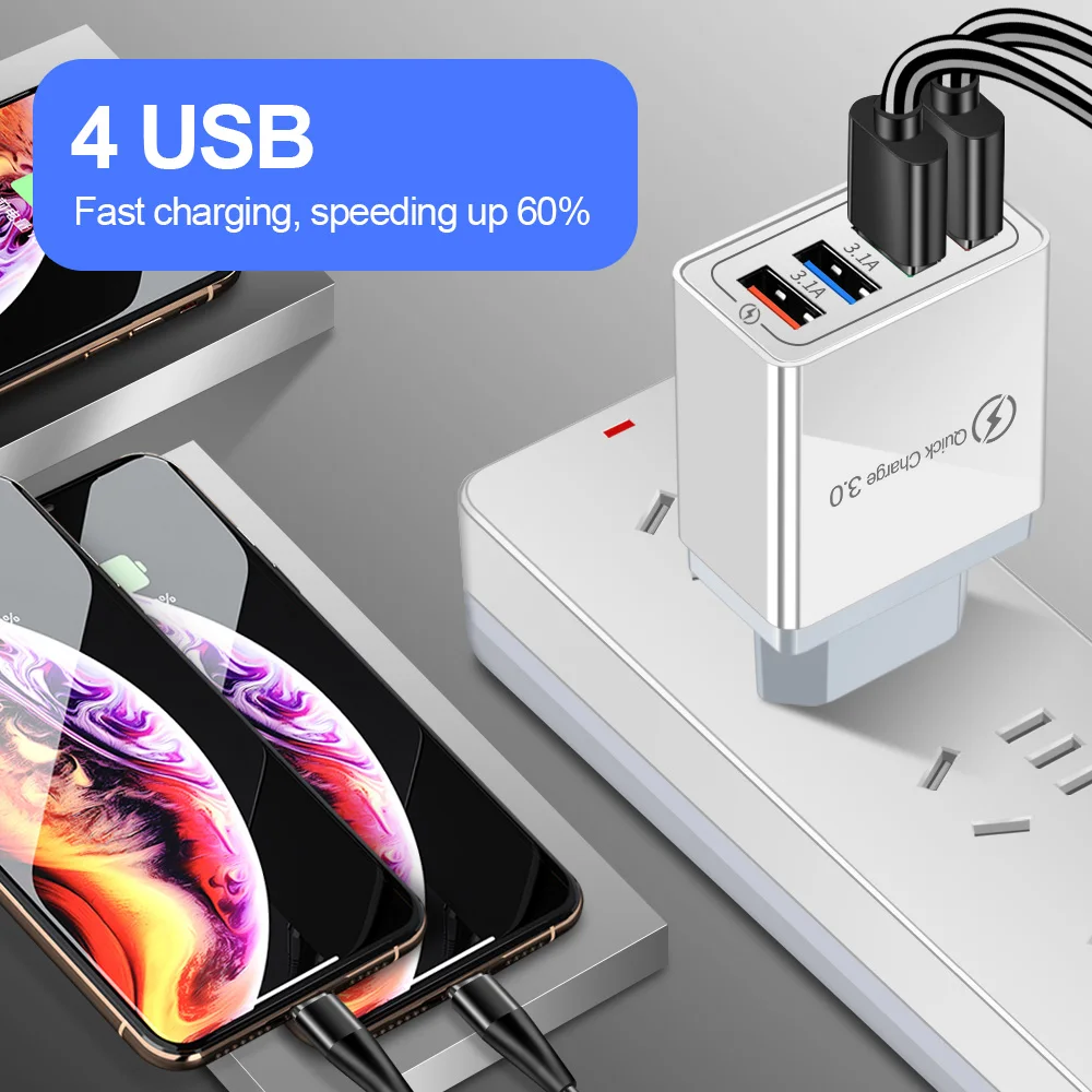 4 Port EU/US Plug USB Charger Quick Charge 3.0 For Samsung A50 A30 iPhone 7 8 Huawei P20 Tablet Wall Mobile Fast | Мобильные