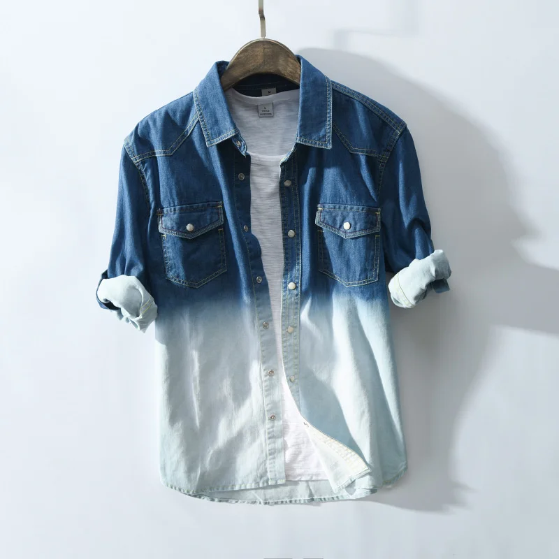 

Men's Gradient Color Jeans Shirt Summer Men Casual Shirts Square Collar Thin Beach Shirts Camisa Hombre Long Sleeve Overhemd