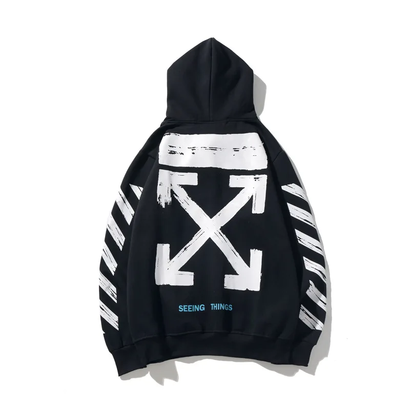 

Trendy off white basic arrow print classic hooded loose fitting pullover with velvet sweater men's and women's hoodies
