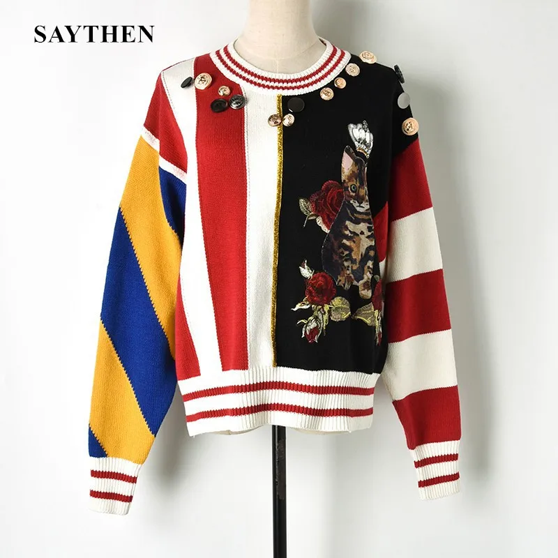 SAYTHEN Luxury Brand Designer Women Sweater Vintage O Neck Beading Crown Cat Embroidery Flower Buttons Knitted Pullover YS219283