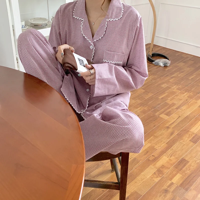 

Pink Plaid Print Autumn Pajamas Set Women Single Breasted Shirts + Trousers Set Two Piece Home Suit Sleepwear Homewear Soft
