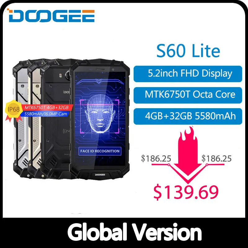 DOOGEE S60 Lite IP68 беспроводной зарядный смартфон 5580 мАч 12V2A Быстрая зарядка 16.0MP 5,2 ''FHD MTK6750T Восьмиядерный 4 Гб ram 32 Гб rom