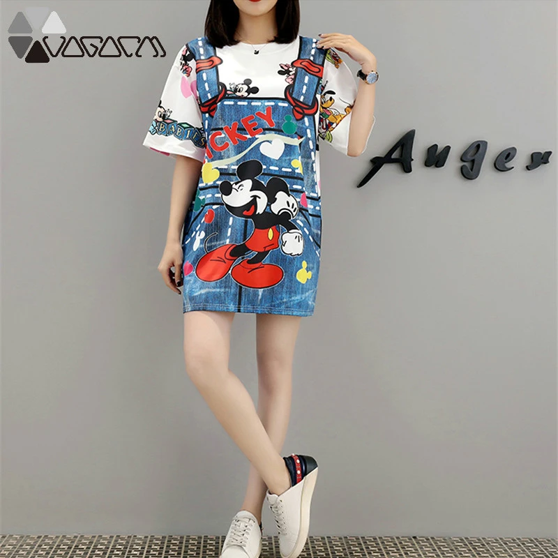 

2021 Summer Minnie Mickey Mouse Cartoon Dress Fashion Loose Vestidos Cute False Two Pieces Female Dresses New