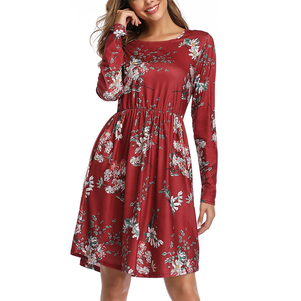 Винтажное платье женское с длинным рукавом круглым вырезом 2019 осенне-зимние