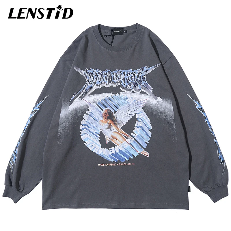 

2022 LENSTID Men Hip Hop Streetwear Angel Print T Shirt Harajuku Oversize TShirts Long Sleeve Fashion Large T-Shirt Cotton Tops