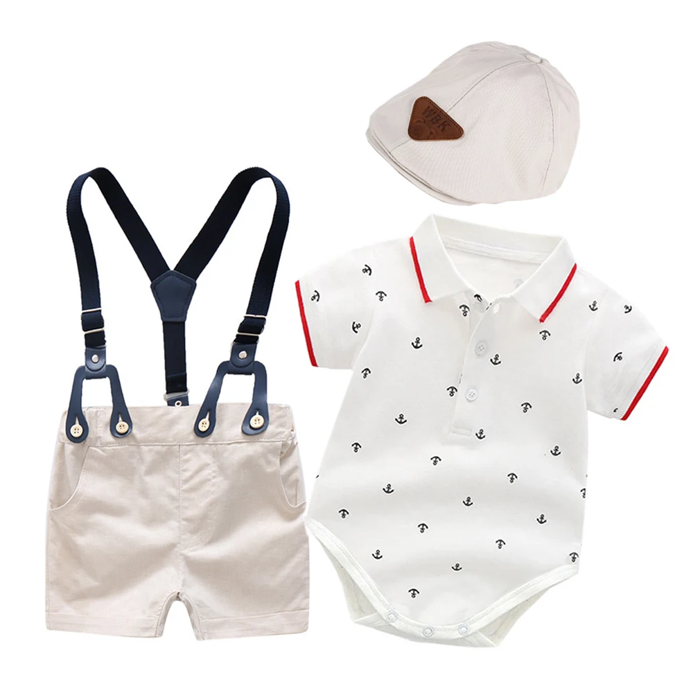 

Newborn Clothes Infant Children Outfits Cotton Printed Jumpsuit with Khaki Shorts Belt Baby Boys Clothes Summer Kids Clothing