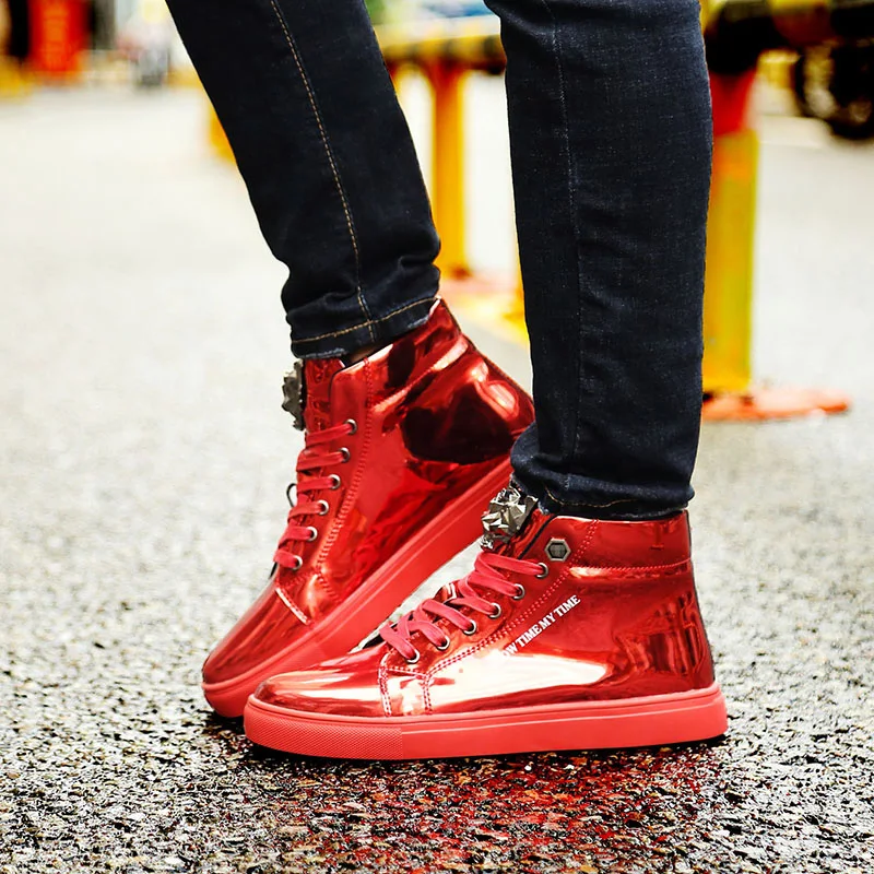 X Brand Fashion Autumn Mens Sneakers Big Size Shiny Metal Men Casual Shoes Glitter Red Blue High top 2020 |