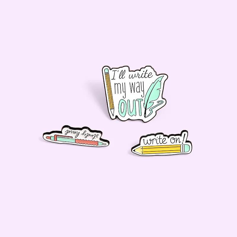 

Art Painting Metal Badge I Will Write My Way Feather Painted Mechanical Pencil Custom Fashion Punk Bag Lapel Pins Jewelry gift