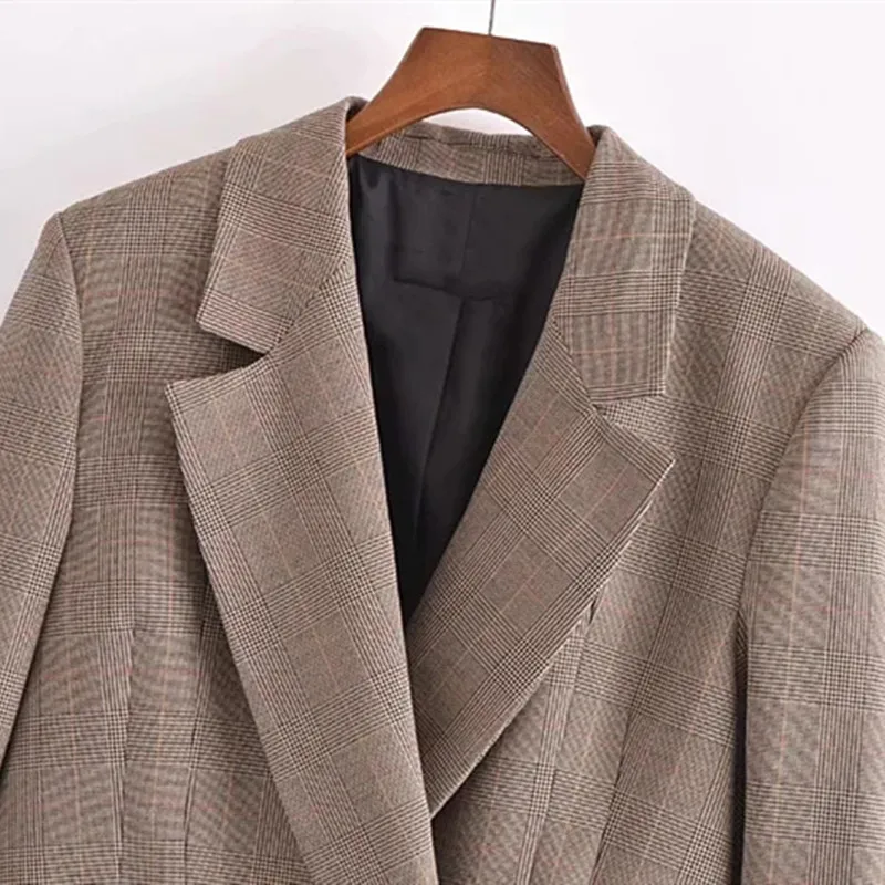 

Za Woman 2021 Beige Hidden Breasted Cropped Blazer Women Spring Autumn Casual V Neck Blazers Ladies Plaid Long Sleeve Coat