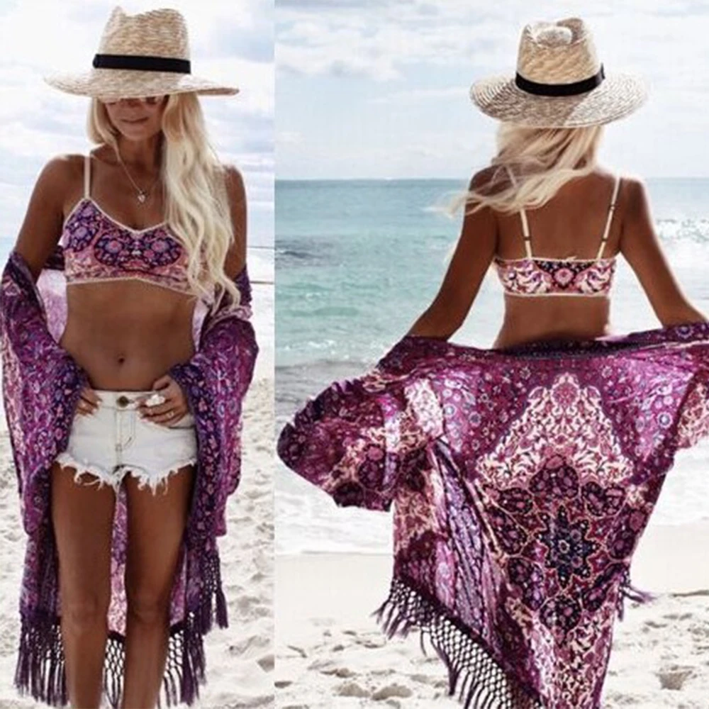 

Floral Print Beach Cover Up Women Romantic Kimono Ladies Pareo Beach Cape Purple Tassel Beach Dress Chiffon Swimwear Beachwear