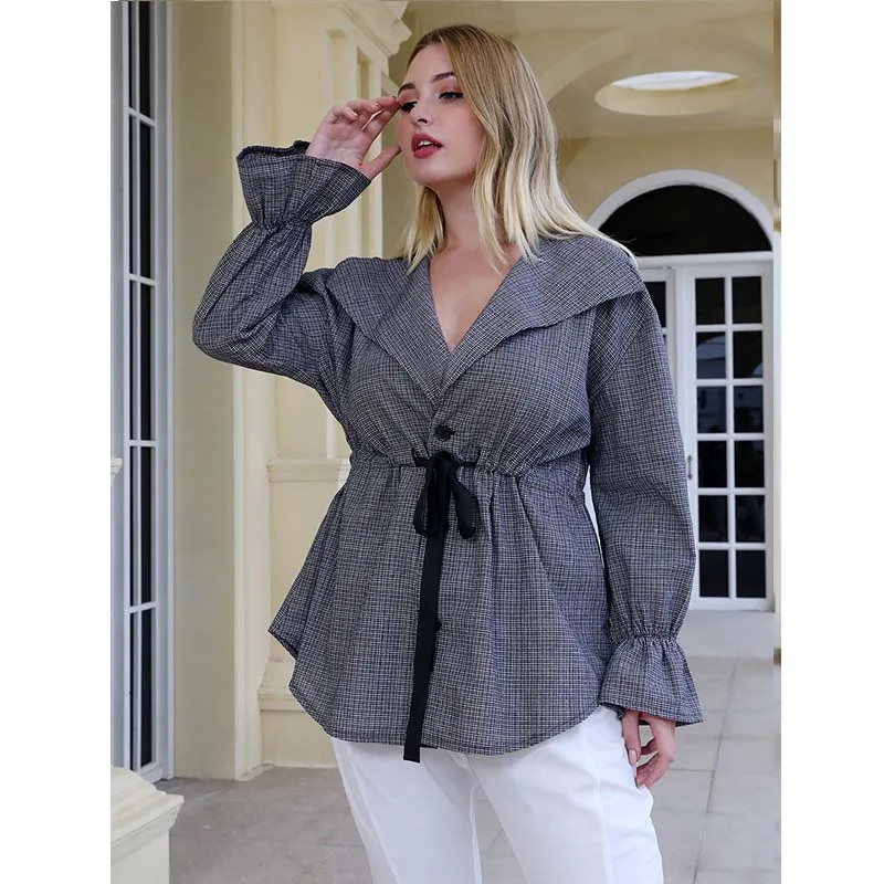 Женская блузка WHZHM в шотландскую клетку повседневный Топ серого цвета с длинным