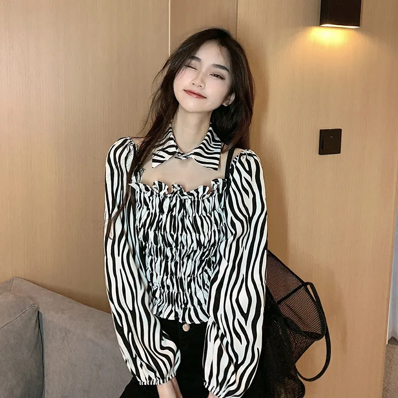 Модные женские рубашки поло на пуговицах с отворотом и принтом зебры свободная