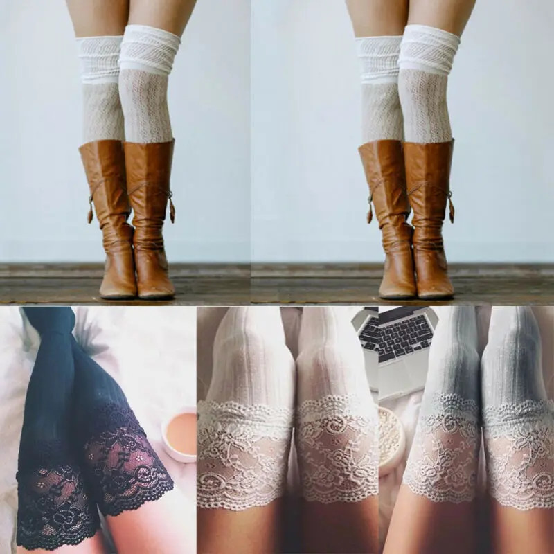 Женские сексуальные непрозрачные трикотажные чулки выше колена кружевные