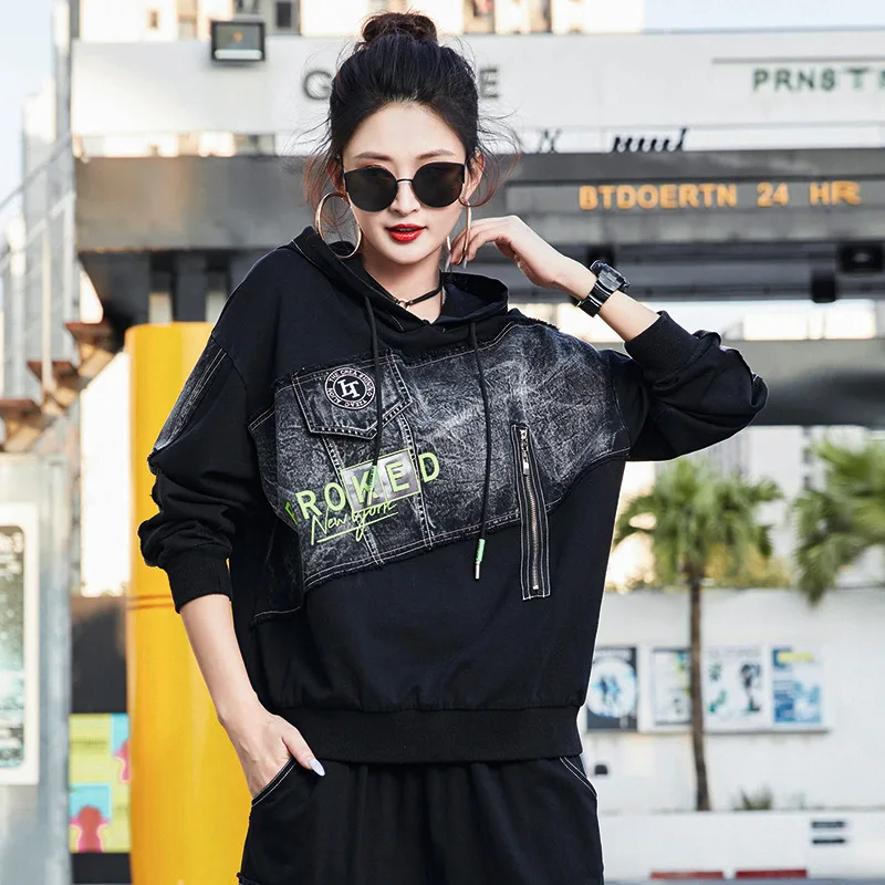 Толстовка Max LuLu Женская в стиле пэчворк дизайнерская уличная одежда Корейском