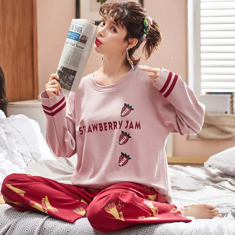 Милый пижамный комплект для женщин, хлопок, мультяшный Топ, клетчатые штаны, одежда для сна, ночная рубашка, женские повседневные пижамные комплекты на осень и зиму