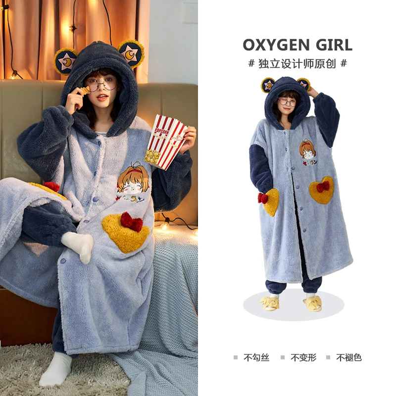 Winter Sleepwear Woman Loose Version Pajama Set Flannel Cartoon Night Skirt Two-piece Dress Cardigan Medium Style Sweet женский