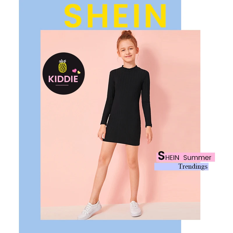 SHEIN Kiddie/черное трикотажное платье в рубчик с воротником-стойкой для девочек; Повседневное платье для девочек; осень г.; обтягивающие детские мини-платья с длинными рукавами
