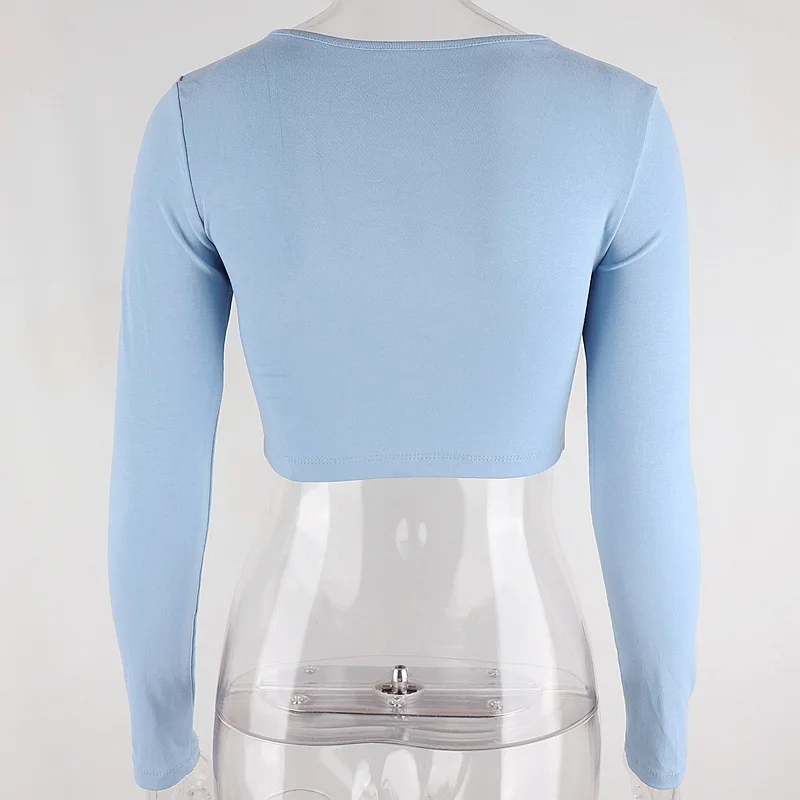 

2021 Y2K Aesthetics Cut Out Blue T-Shirts 90s Fashion Buttons O-Neck Long Sleeve Crop Tops Cute Tees Streetwear Vintage Slim
