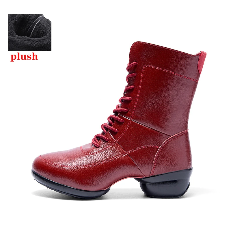 plush red Женские зимние сапоги из натуральной коровьей кожи, сохраняющие тепло, на платформе с Плюшевым Мехом, нескользящий прочный черный цвет, женская обувь на шнуровке - Цвет: plush red