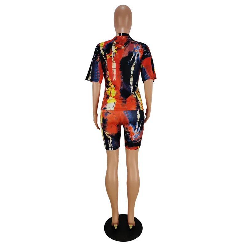 

Plus Size Two Piece Sweatsuit Women Clothes 2021 Tie Dye Mouth Lip Print T Shirt+Biker Short Casual 2 Piece Club Outfit No Mask