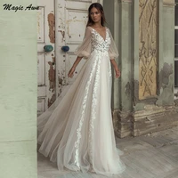 magic awn western country tulle wedding dresses with puff sleeves lace 3d appliques illusion boho beach mariage gowns princess