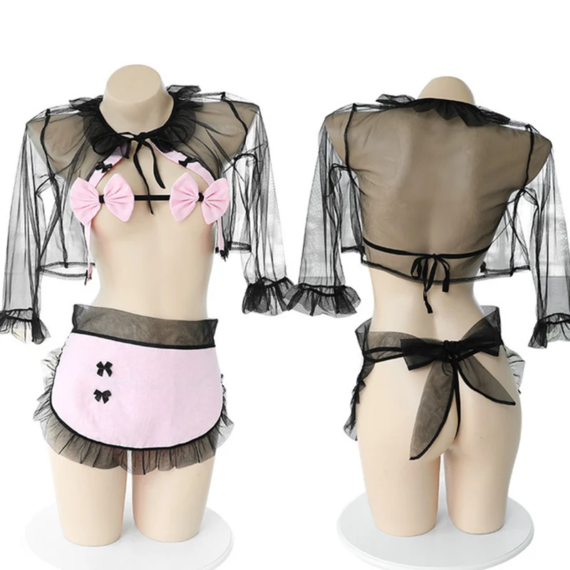 Женское Прозрачное нижнее белье розовый бантик униформа для косплея Эротическое