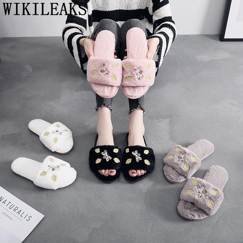 

Flat Furry Slippers Flat Shoes Fashion Pink Winter Home Shoes Fuzzy Slippers Indoor Plush Soft Slippers Casual Ladies Shoes Buty