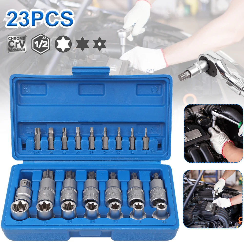 

23Pc Chrome Vanadium Steel Socket Set E Torx Bit Socket Adaptor Head Set for Ratchet Wrench Car Repair Tool Hand Tools Set New