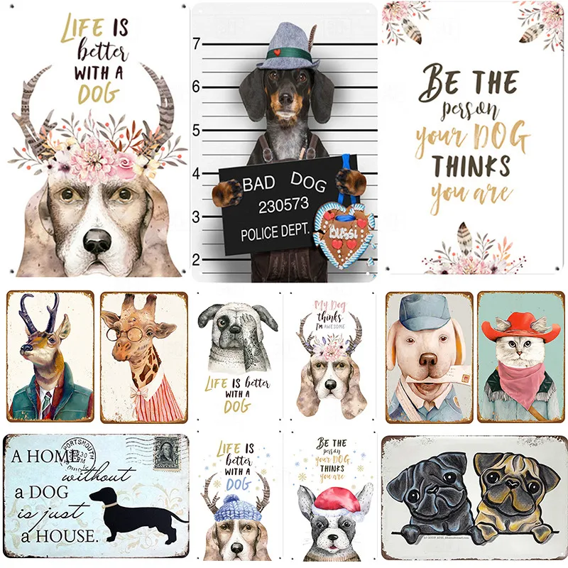 Металлический постер в виде животных собаки черной кошки оловянные знаки