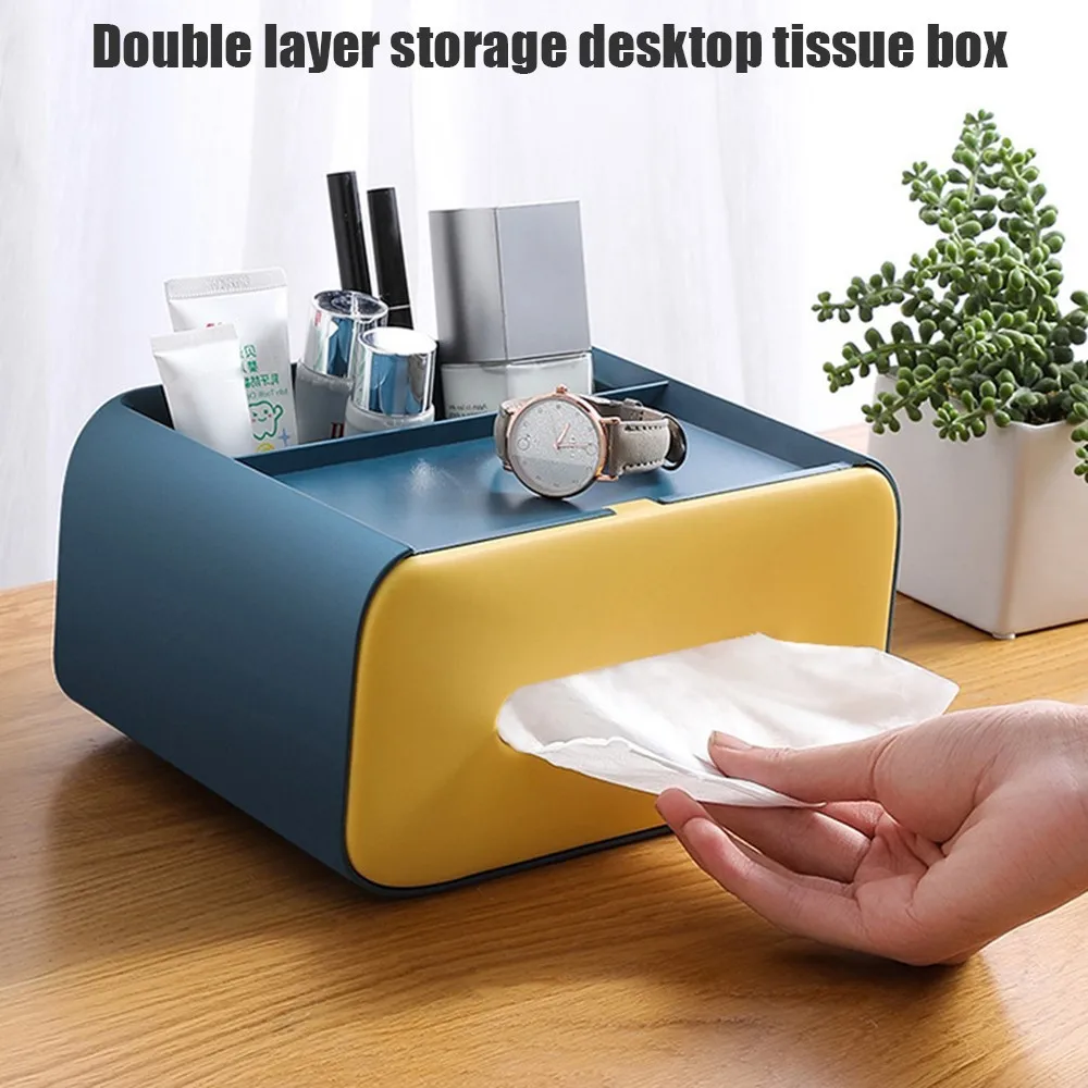 

Tissue Box Cover Multi Function Double Layer Napkin Storage with Remote Holder Tissue Dispenser for Living Room