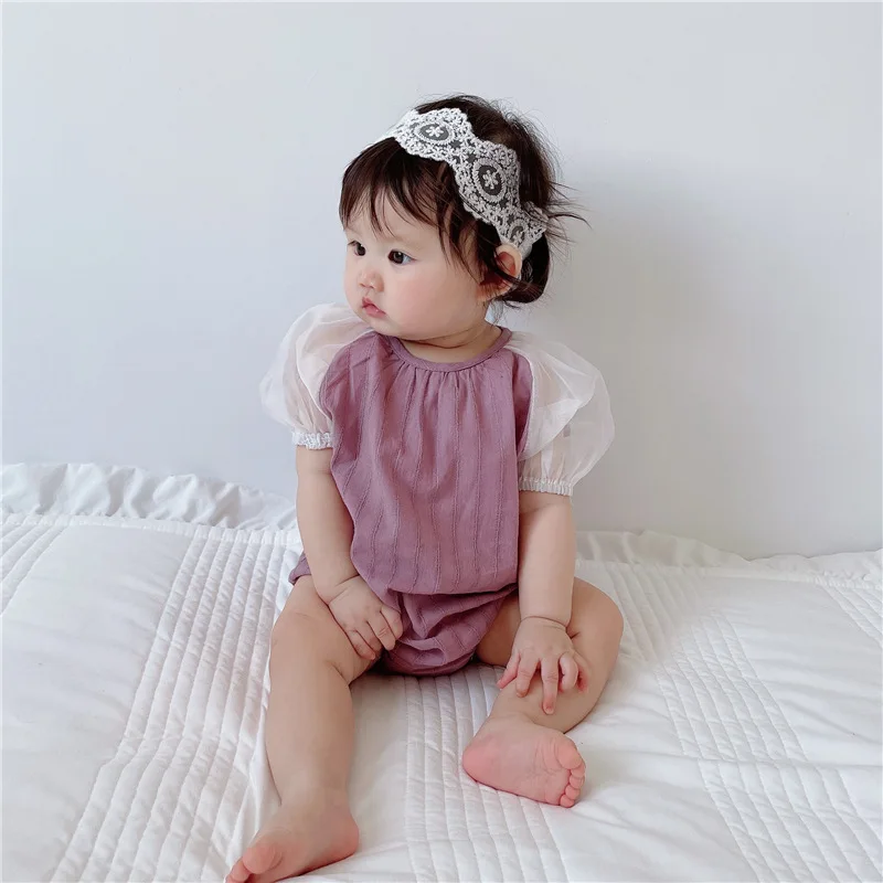 

MILANCEL 2021 Summer New Baby Girls Clothes Korean Mesh Puff Sleeves Contrast Color Rompers With Headband