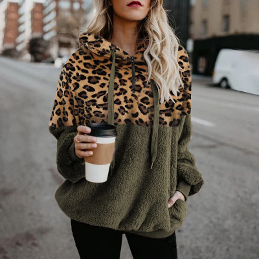 

2020 Winter Women Hoodie Soft Leopard Print Long Sleeves Sweatshirt Leisure Ladies S-XL Sudaderas Para Mujer Blanket Tops