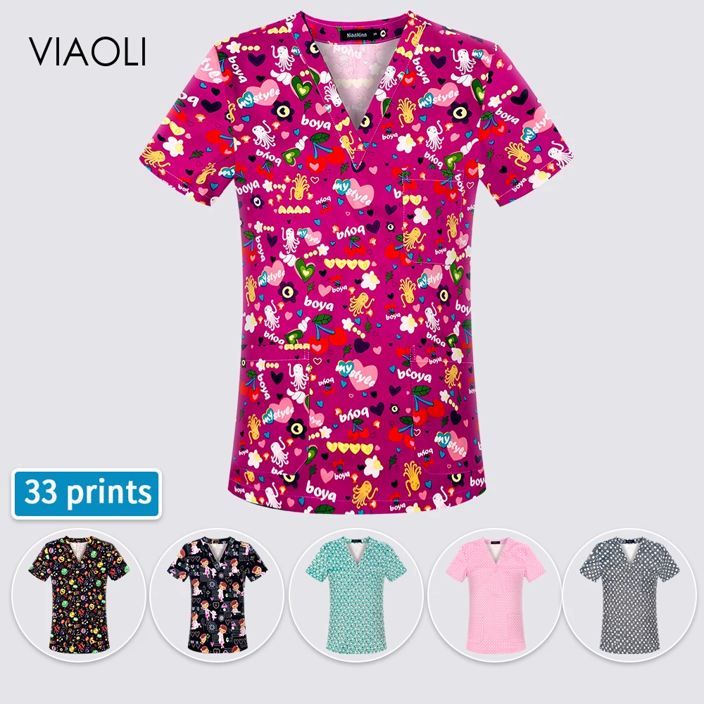 

2021Women's Nursing scrub Shirt Top Casual Short Sleeve scrub Work Uniform Nurse Print Top T-shirt V-neck Pocket Women's Clothes