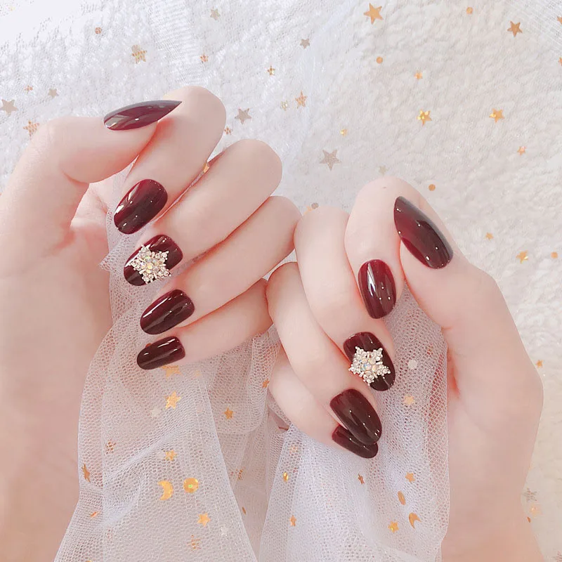 24 шт блестящее красное вино накладные ногти полное покрытие сверлильное кольцо с