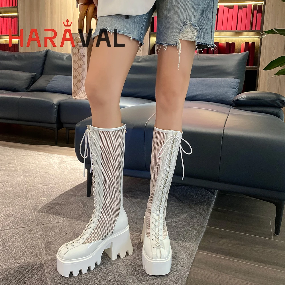 

HARAVAL SPring Autumn Motorcycle Boots Mid-Calf Shoes Women Waterproof Platform Air Mesh Round Toe Sexy Patent Leather E318L