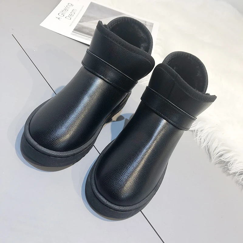

Botas Mujer Keep Warm Boots Women Fashion Rain PU Ankle Waterproof Boots Flat Heel Round Head Shoes Leather Zapatos Mujer U11-74