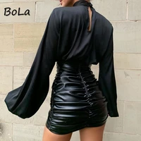 bola 2021 women pu leather kylie skirt sexy ruched high waist black short mini bottom stretch holiday party wear skirts new